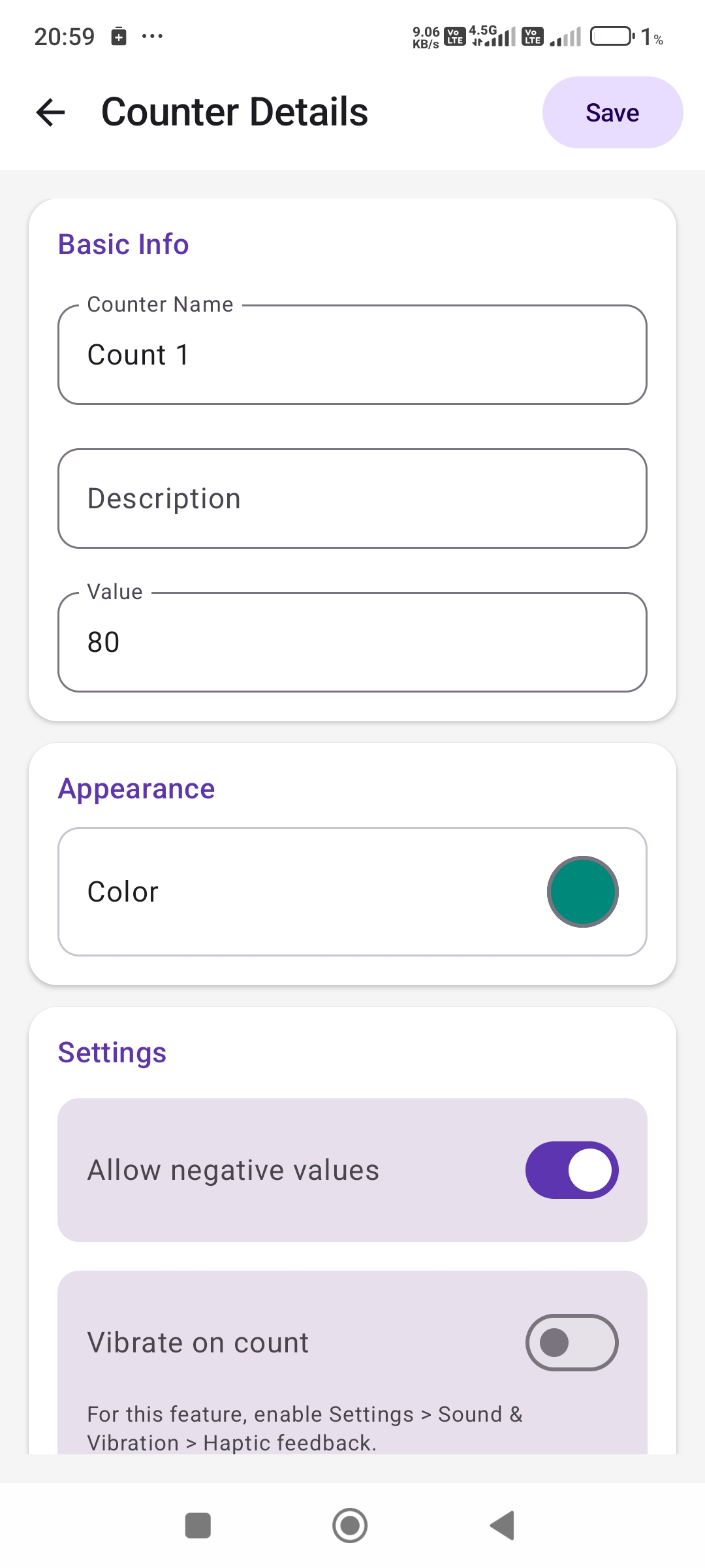 CountUp Counter Details ekranı